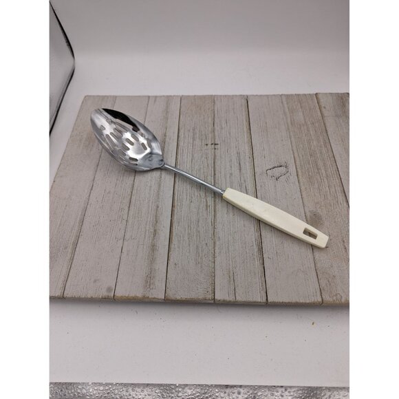 Vintage Ekco White Handle Chromium Plate Serving Slotted Spoon  12 1/4" - Picture 1 of 7